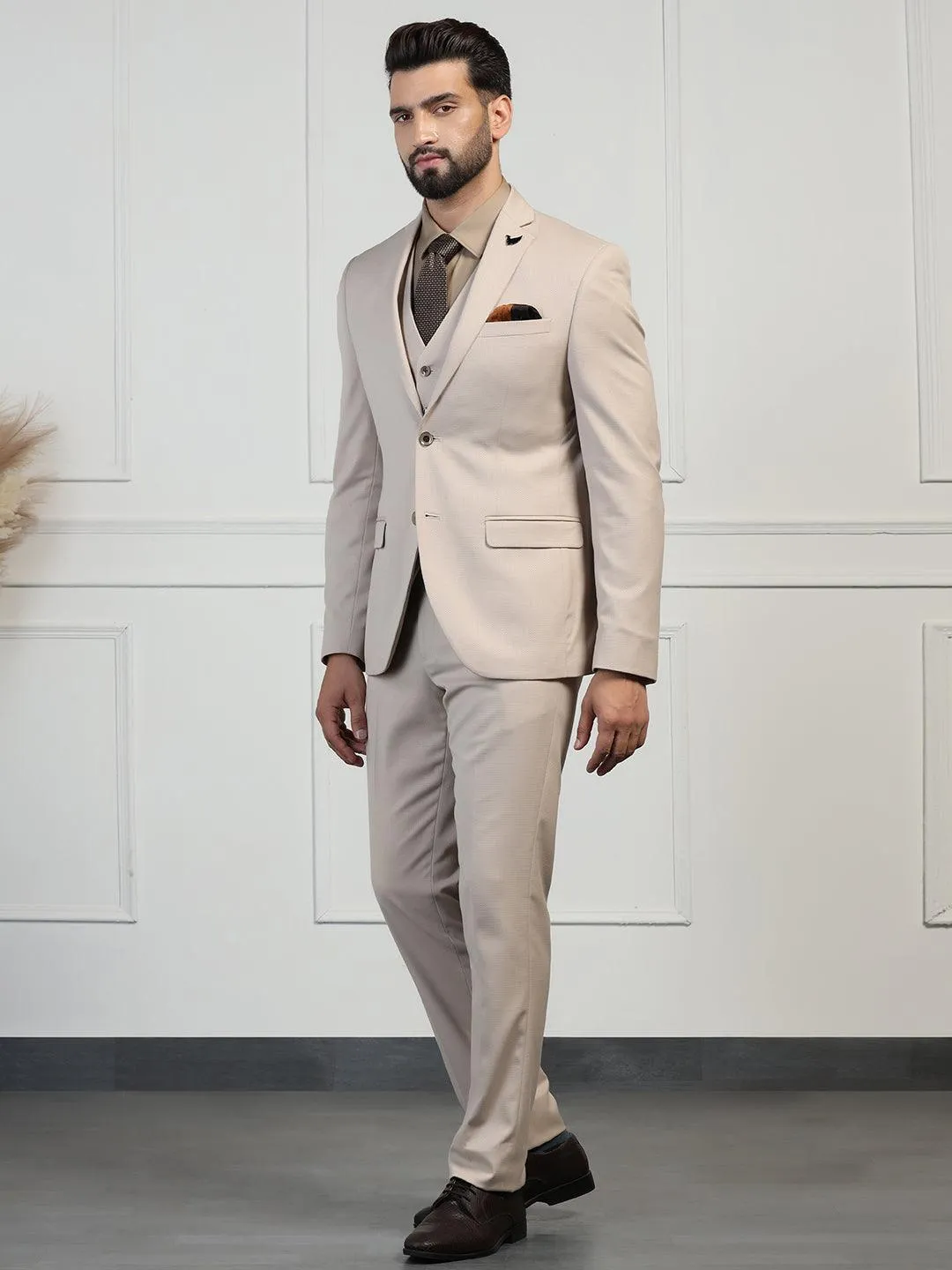 Three Piece Beige Textured Formal Suit - Zanite