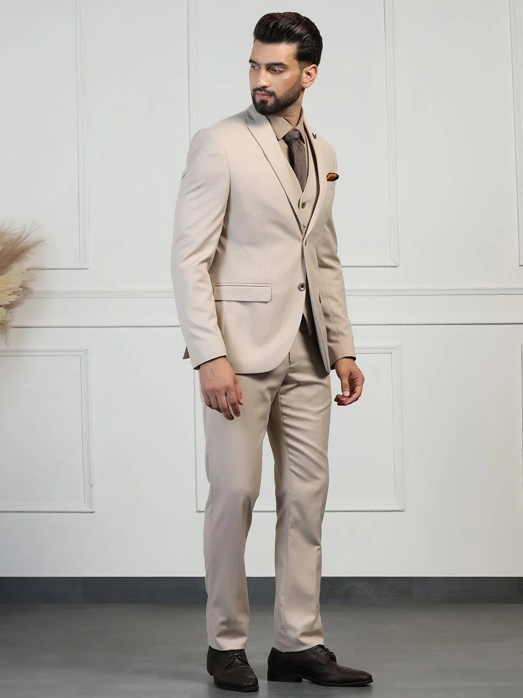 Three Piece Beige Textured Formal Suit - Zanite